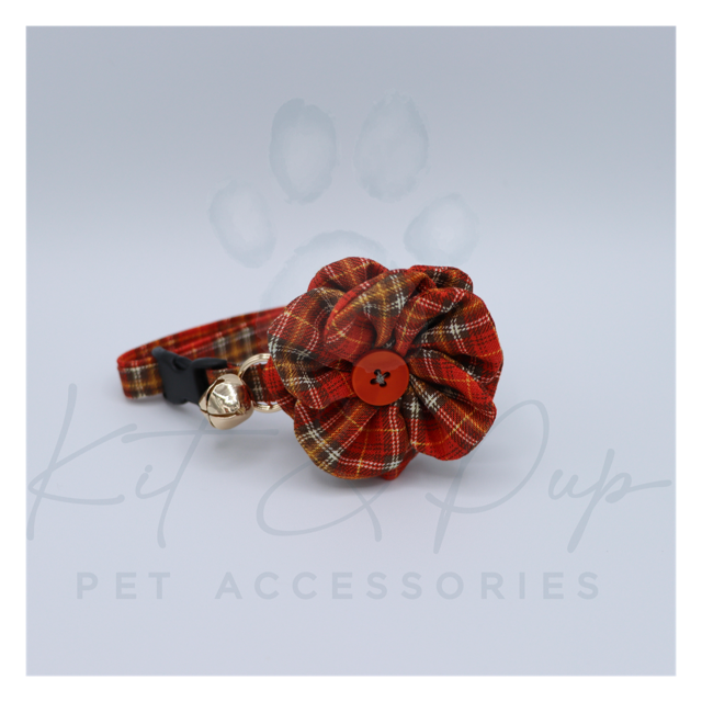 Pumpkin Plaid Flower Pet Collar