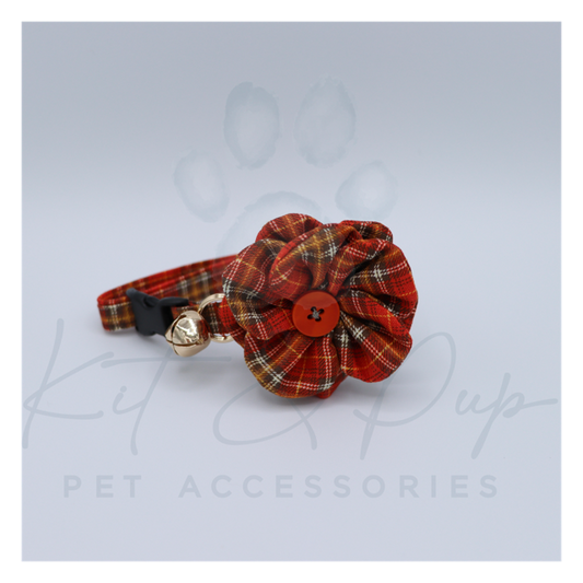 Pumpkin Plaid Flower Pet Collar